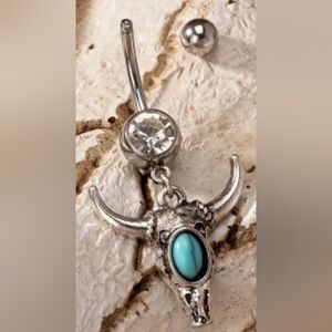 Western Cowgirl Farmhouse Silver Animal Bull Skull Turquoise Belly Ring (#041)‎